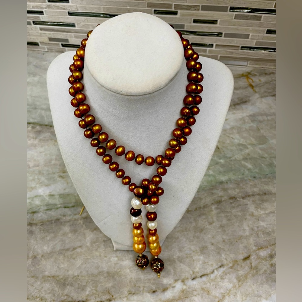 Pearl Lariat with Ruby Beads